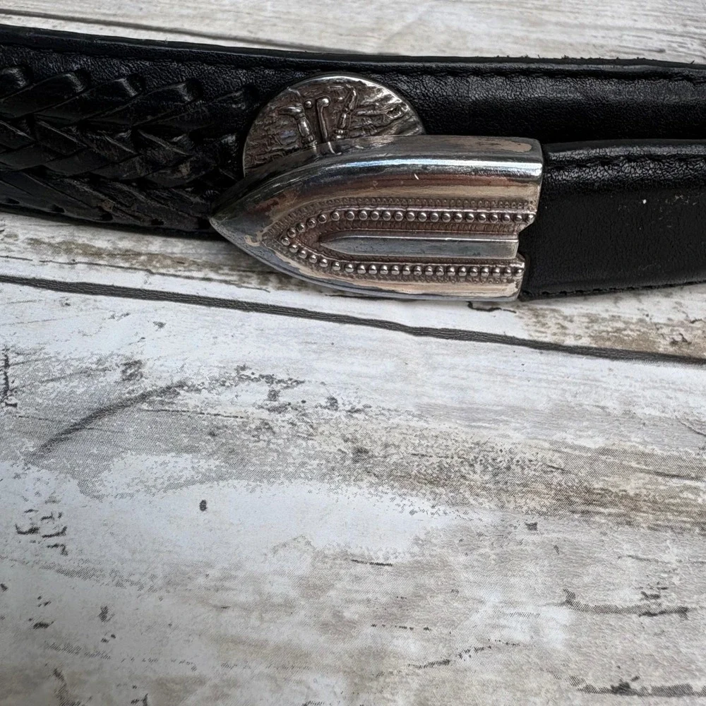 Onyx by Brighton Belt 36 Black VTG 1998 Western Golf Leather Concho Braided